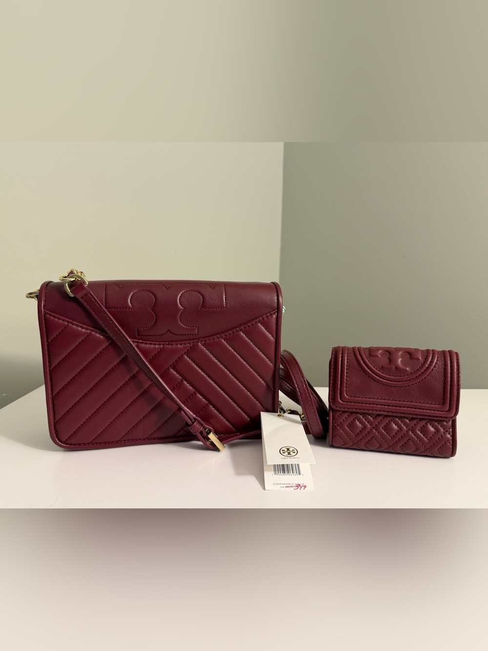Tory Burch Quilted Leather Crossbody and Mini Wallet in Burgundy